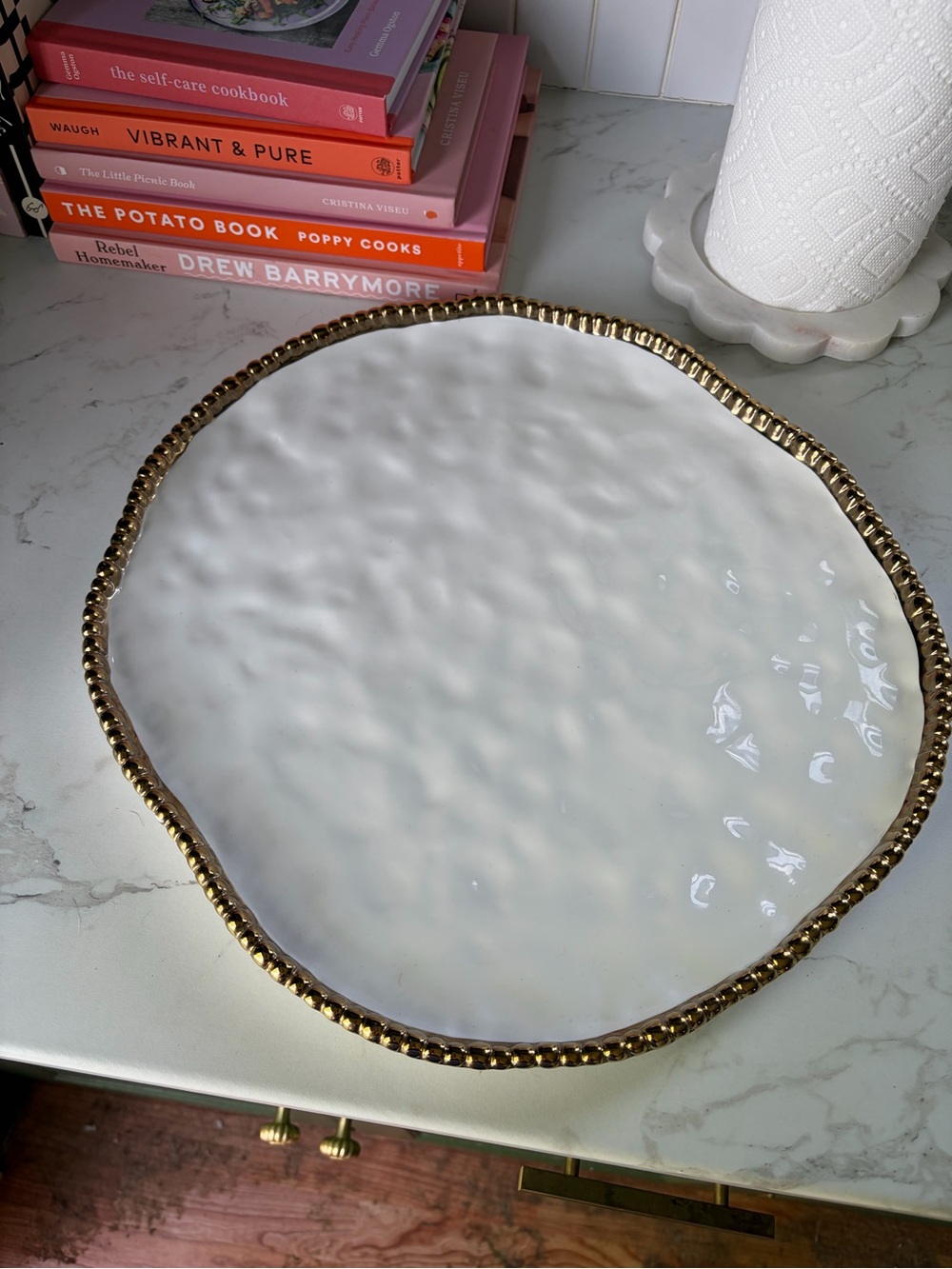 White Ceramic Decorative Platter with Gold Beaded Edge